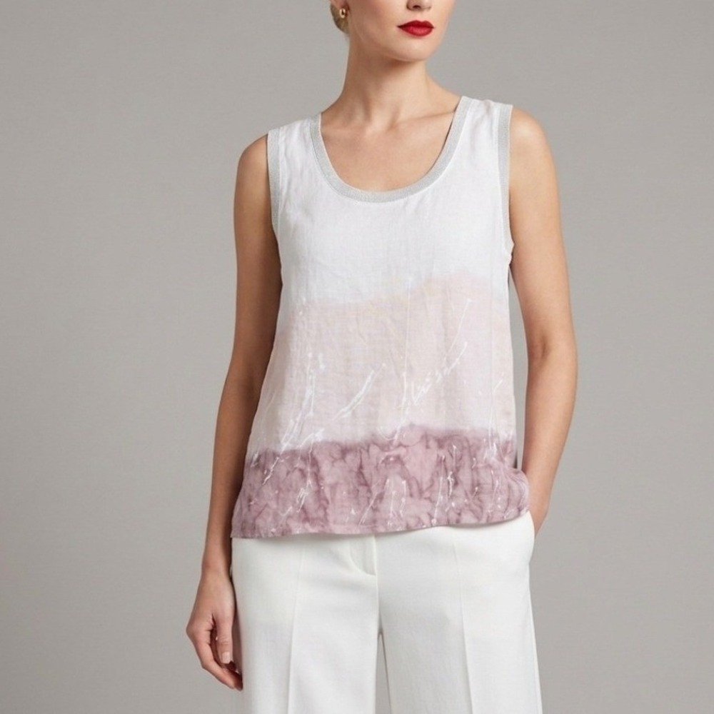 Suzy D London Sleeveless Linen/ Cotton Top in White and Pink | size M
